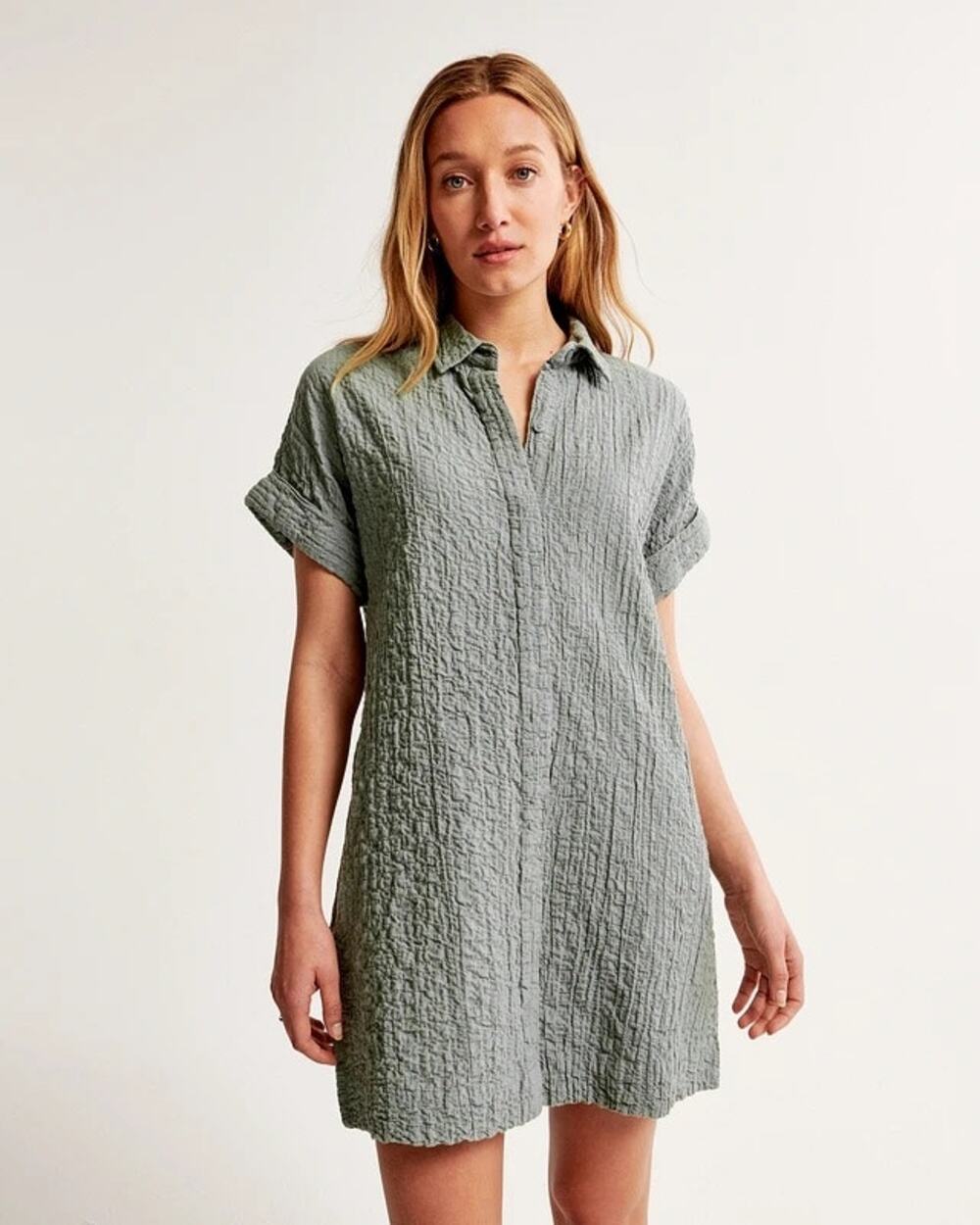 Abercrombie & Fitch Textured Button-Through Shirt Dress Sea foam Green